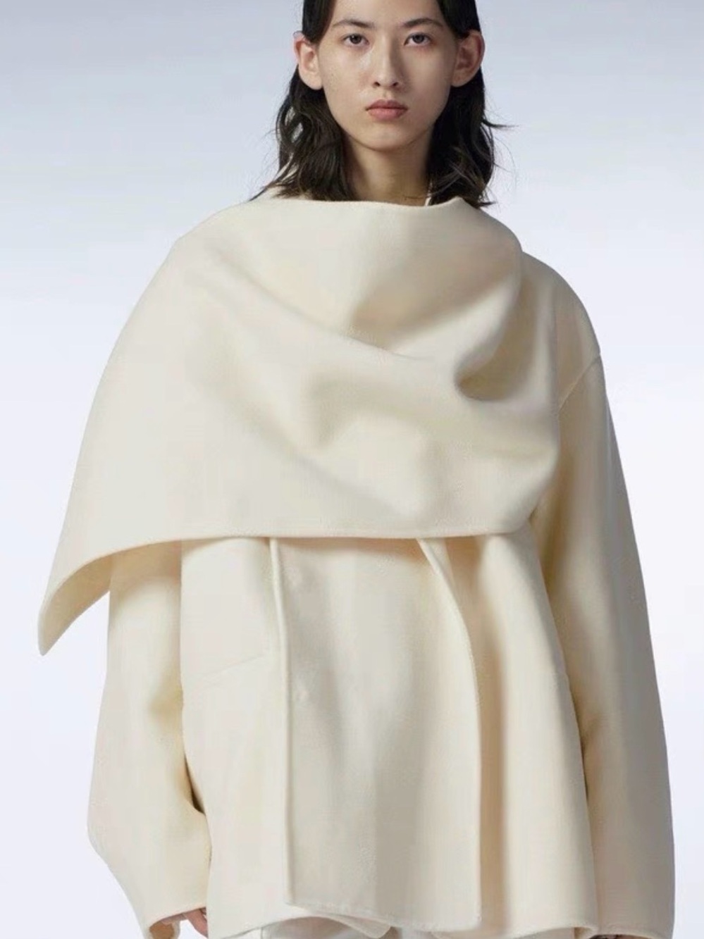 JNBY Cream Asymmetric Pea Coat - 100% Wool